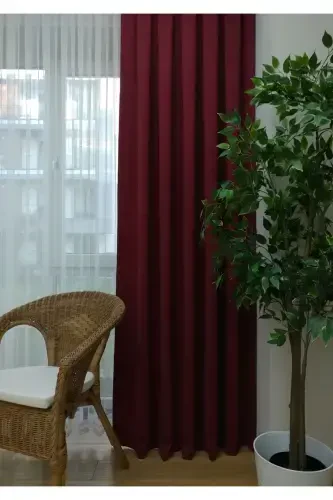 Bordo Düz Renk Fon Perde, Pilesiz Düz Dikim, Ekstrafor Büzgü, Tek Kanat-Bordo - 7