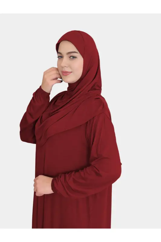 Bordo Düz Renk Pamuklu Kumaş Başörtülü Namaz Elbisesi-Bordo - 3