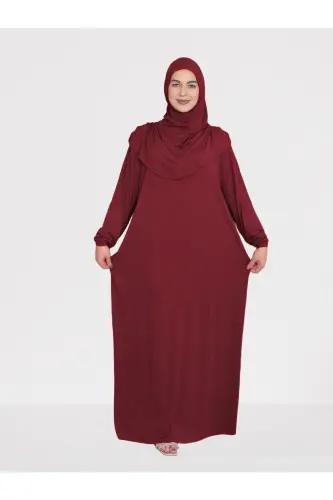 Bordo Düz Renk Pamuklu Kumaş Başörtülü Namaz Elbisesi-Bordo - REİSA (1)