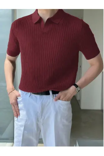 Bordo Erkak Fitilli Polo Yoqali Triko T-Shirt-Bordo - TARZ COOL (1)