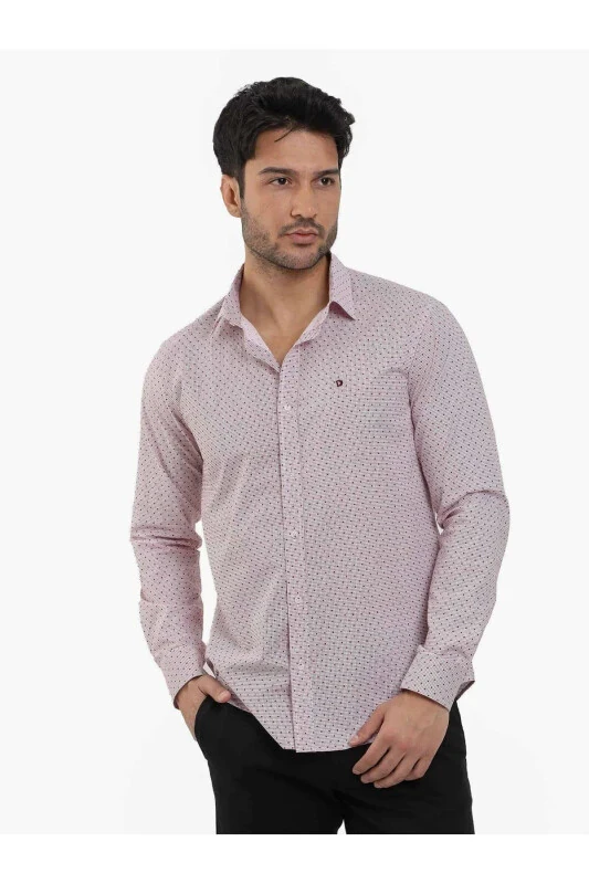 Bordo Erkaklar Slim Fit Pitikare Naqshli Brent Yoqa Uzoq Yengli Ko'ylak - 102991 - DUFY