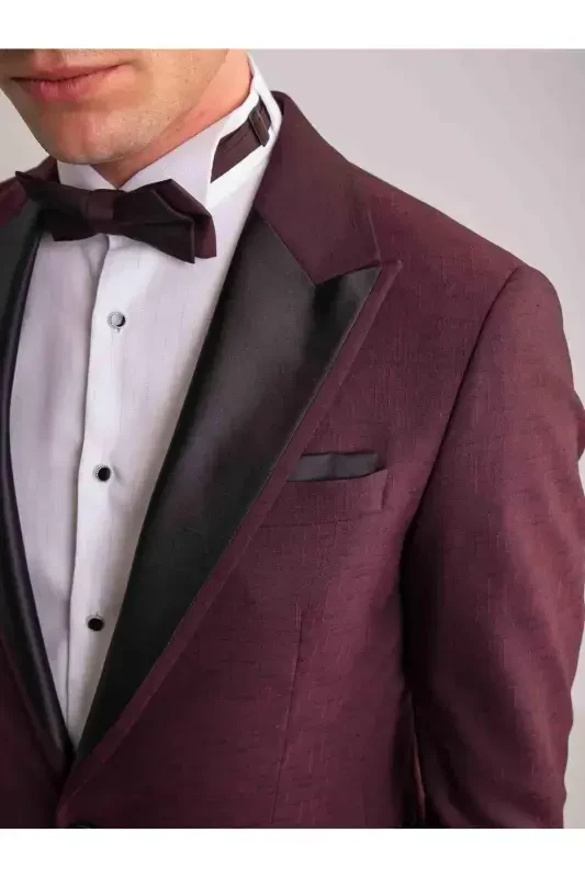 Bordo Erkek Modern Fit Çizgili Mono Yaka Smokin Takım - 2