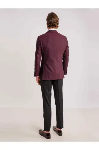 Bordo Erkek Modern Fit Çizgili Mono Yaka Smokin Takım - 4