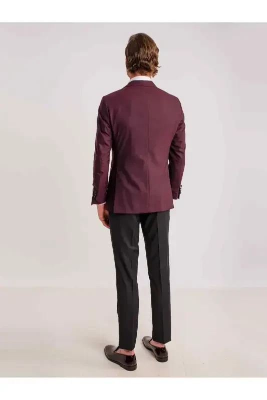 Bordo Erkek Modern Fit Çizgili Mono Yaka Smokin Takım - 4