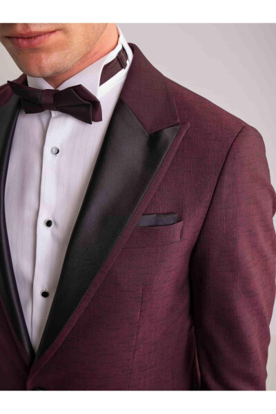 Bordo Erkek Modern Fit Çizgili Mono Yaka Smokin Takım - 61321 - 7