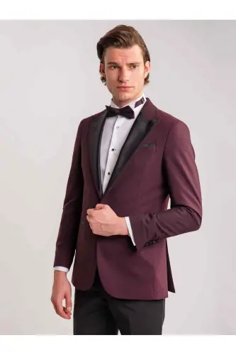 Bordo Erkek Modern Fit Çizgili Mono Yaka Smokin Takım - 1