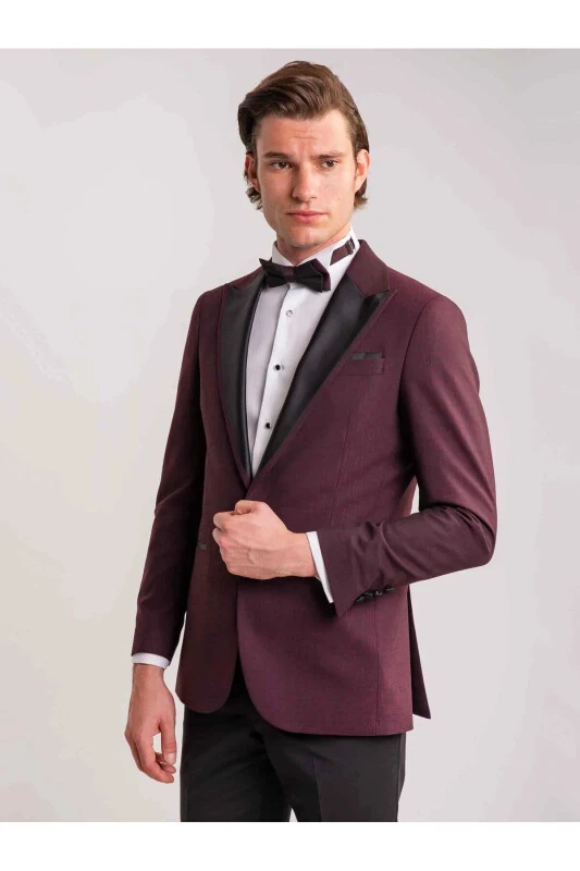 Bordo Erkek Modern Fit Çizgili Mono Yaka Smokin Takım - DUFY
