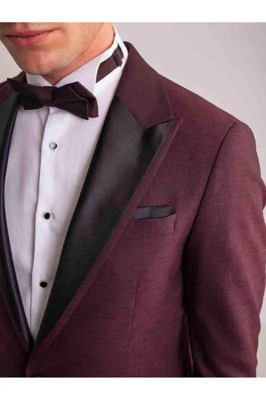 Bordo Erkek Modern Fit Çizgili Mono Yaka Smokin Takım - 2