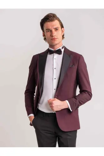 Bordo Erkek Modern Fit Çizgili Mono Yaka Smokin Takım - 5