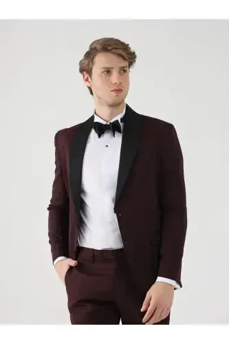 Bordo Erkek Slim Fit Düz Sivri Yaka Smokin Takım - 3