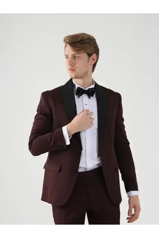 Bordo Erkek Slim Fit Düz Sivri Yaka Smokin Takım - 4