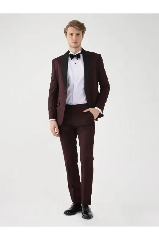 Bordo Erkek Slim Fit Düz Sivri Yaka Smokin Takım - 5