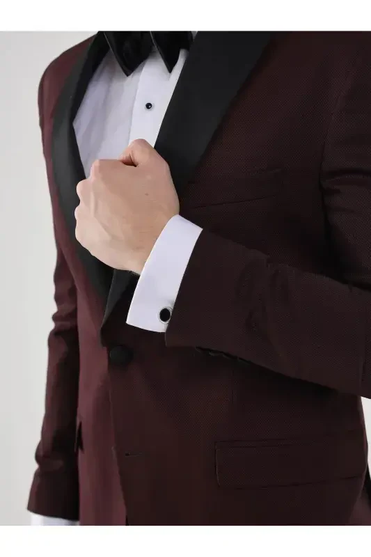 Bordo Erkek Slim Fit Düz Sivri Yaka Smokin Takım - 7