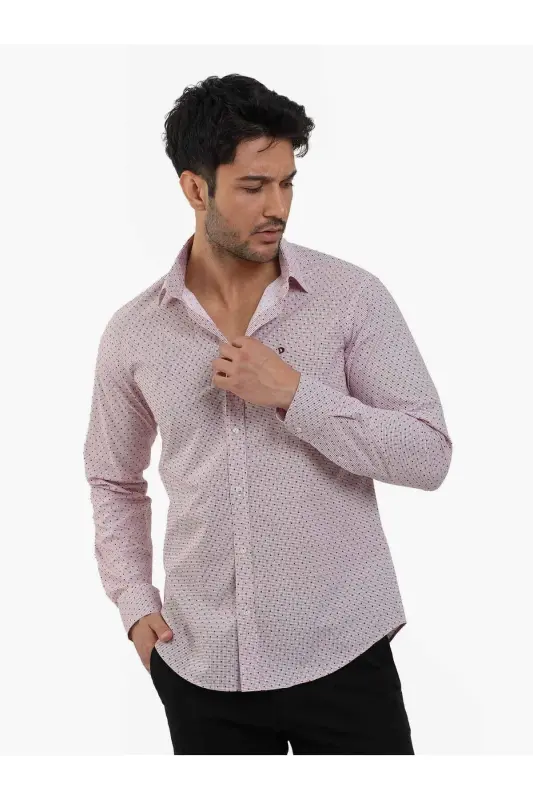 Bordo Erkek Slim Fit Pitikare Desenli Brent Yaka Uzun Kol Gömlek - Bordo - 3