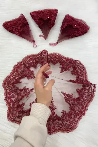 Bordo Gelin Damat Halay Mendili, Işıl Işıl Güpürlü, Düğün Kına Gecesi Nedime Söz Nişan Bride-MENDİLTELKRMBORDO - 1