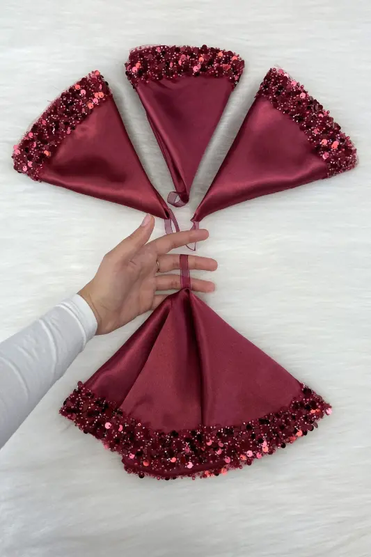 Bordo Gelin Damat Mendili, Işıl Işıl Pul Detaylı Düğün Halay Nedime Söz Nişan Kına Sünnet Mendil-MENDİLIŞILMODELBORDOCE - 3