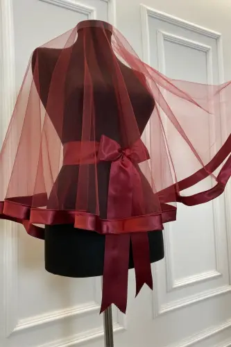 Bordo Geniş Biyeli Kına Duvak Seti Gelin Duvak Seti Kına Gecesi Düğün Nikah-GENİŞBİYELİBORDO - 3