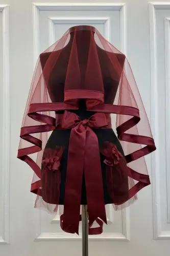 Bordo Geniş Biyeli Kına Duvak Seti Gelin Duvak Seti Kına Gecesi Düğün Nikah-GENİŞBİYELİBORDO - ZEYMERADE (1)