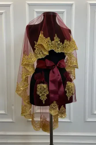 Bordo Gold Işıl Işıl Güpürlü Gelin Kına Duvağı Seti Düğün Kına Gecesi Yüz Örtüsü Alı-BordoGold - 1