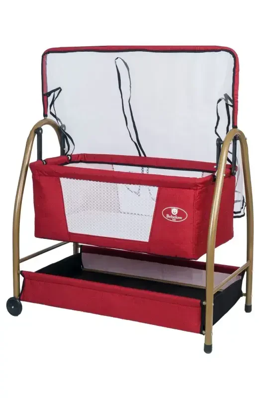 Bordo Gold Keten Mato Sallanadigan Qotiriladigan Portativ Hamak Savat Beshik-Bordo - 1