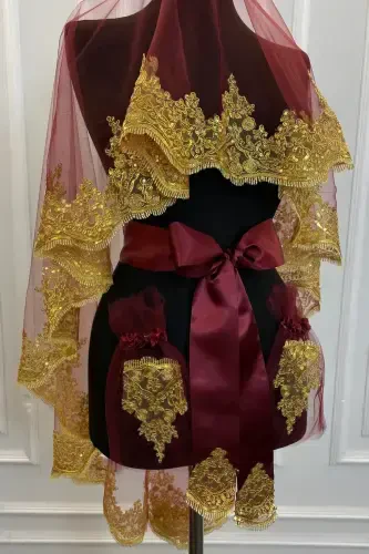 Bordo Gold Yaltiroq Gullar Bilan To'ldirilgan Kelin Xina Ro'moli To'plami To'y Xina Kechasi Yuz Pardasi Oluv-BordoGold - ZEYMERADE (1)