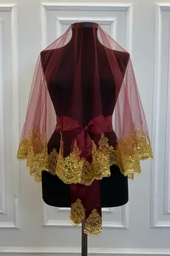 Bordo Gold Yaltiroq Gullar Bilan To'ldirilgan Kelin Xina Ro'moli To'plami To'y Xina Kechasi Yuz Pardasi Oluv-BordoGold - 3