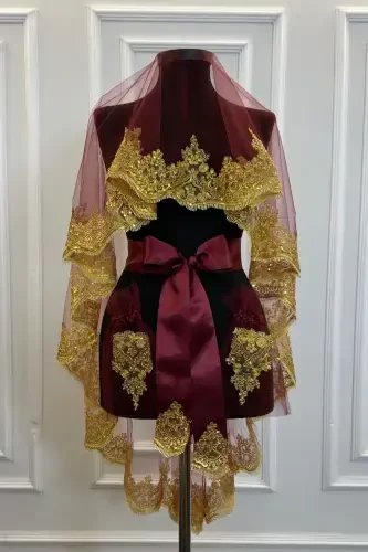 Bordo Gold Yaltiroq Gullar Bilan To'ldirilgan Kelin Xina Ro'moli To'plami To'y Xina Kechasi Yuz Pardasi Oluv-BordoGold - 4