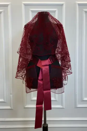 Bordo jilosi bilan to'liq naqshli kelinlik pardasi to'plami, Xina pardasi-FLOKSWAROVSKIBORDO - 3