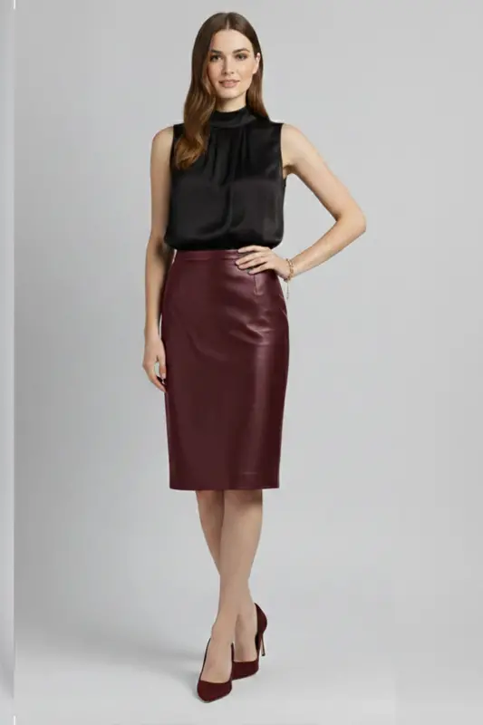 Bordo Kadın Kalem Astarlı Arkadan Fermuarlı Yırtmaçlı Hakiki Deri Etek-Bordo - DERIDERIM