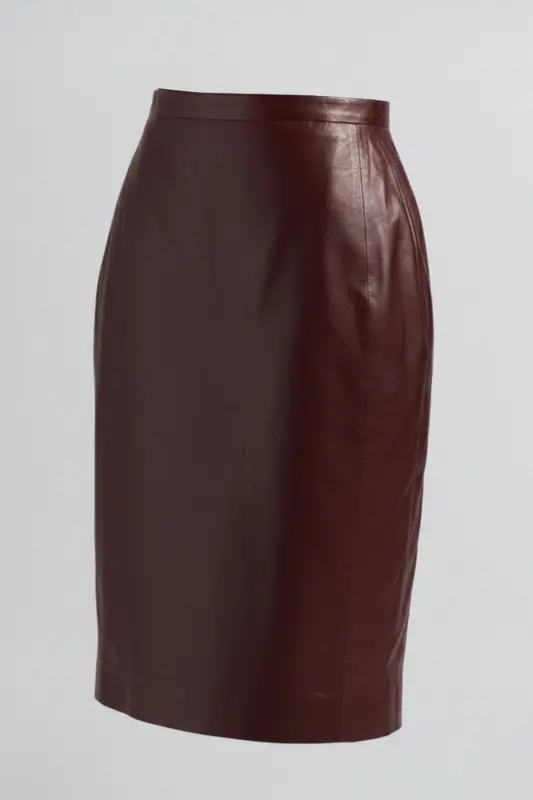Bordo Kadın Kalem Astarlı Arkadan Fermuarlı Yırtmaçlı Hakiki Deri Etek - Bordo - 4