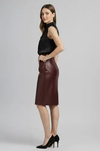 Bordo Kadın Kalem Astarlı Arkadan Fermuarlı Yırtmaçlı Hakiki Deri Etek-Bordo - 2