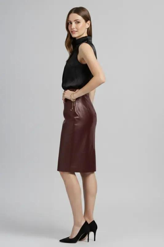 Bordo Kadın Kalem Astarlı Arkadan Fermuarlı Yırtmaçlı Hakiki Deri Etek-Bordo - 2