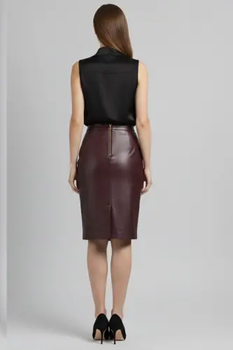 Bordo Kadın Kalem Astarlı Arkadan Fermuarlı Yırtmaçlı Hakiki Deri Etek-Bordo - 3