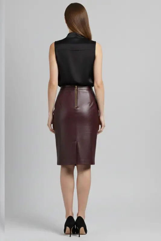 Bordo Kadın Kalem Astarlı Arkadan Fermuarlı Yırtmaçlı Hakiki Deri Etek-Bordo - 3