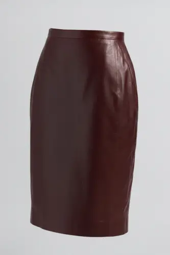 Bordo Kadın Kalem Astarlı Arkadan Fermuarlı Yırtmaçlı Hakiki Deri Etek-Bordo - 4