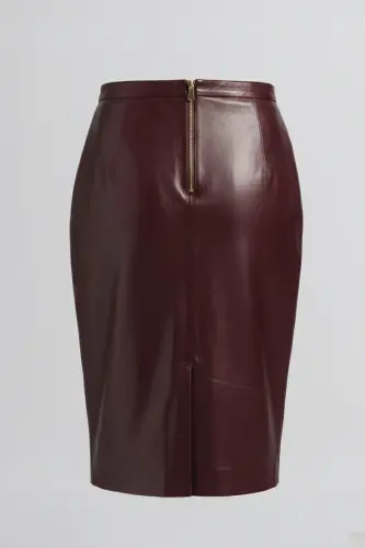 Bordo Kadın Kalem Astarlı Arkadan Fermuarlı Yırtmaçlı Hakiki Deri Etek-Bordo - 5