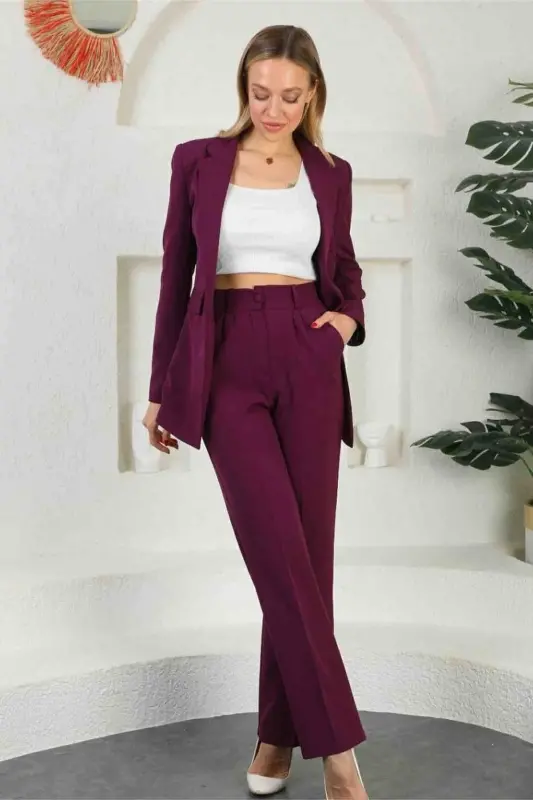 Bordo Kadın Palazzo Blazer Takım Elbise Tek Düğme Ceket Kemerli Pantalon - Bordo - 1