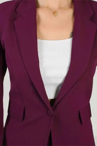 Bordo Kadın Palazzo Blazer Takım Elbise Tek Düğme Ceket Kemerli Pantalon - Bordo - 4