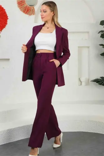 Bordo Kadın Palazzo Blazer Takım Elbise Tek Düğme Ceket Kemerli Pantalon - Bordo - 5
