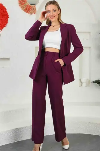 Bordo Kadın Palazzo Blazer Takım Elbise Tek Düğme Ceket Kemerli Pantalon - Bordo - 6