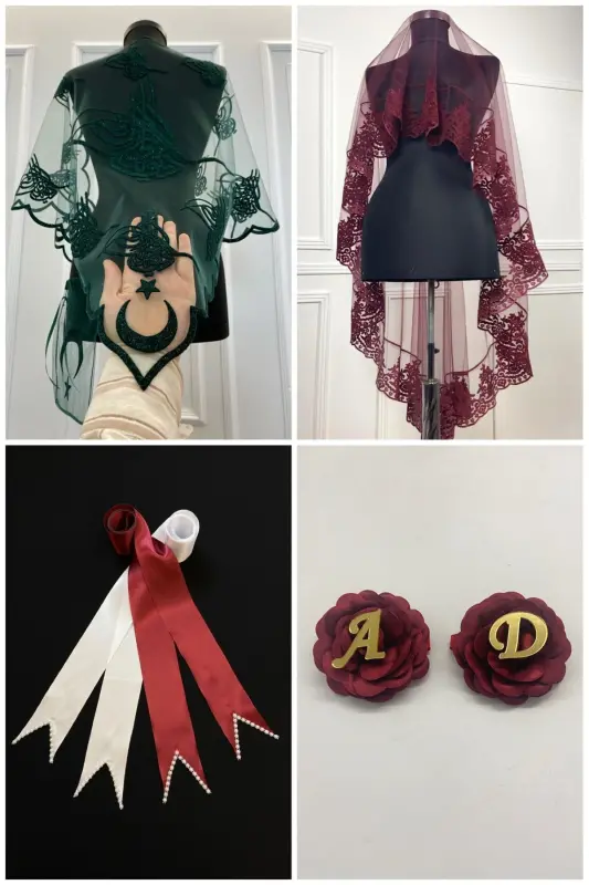 Bordo Kelin Duxob Seti, Kuyov Yelkasi, Taqish Lentasi, Qo'l Guli, Xina Duxobi Ro'moli, 10 Bo'lak-Bordo - ZEYMERADE