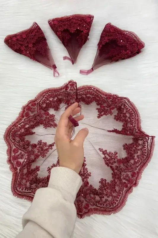 Bordo Kelin Kuyov Halay Roʻmoli, Yaltiroq Gipürli, Toʻy Xina Kechasi Kuyovjoʻra Söz Noshon Bride-MENDİLTELKRMBORDO - 1