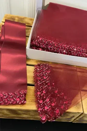 Bordo Kelin Roʻmoli, Halay Roʻmoli, Munchoqli Boncukli Pul Payet Nafis Suv Toshli Model-SADECEMENDİLSUTAŞLIZARİFBORDO - 2