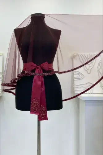 Bordo Kelin Roʻmoli Toʻplami, Shisha Munchoq va Paxta Bosma Xina Roʻmoli Toʻplami 6 Boʻlak-RoʻmolBordo - 5