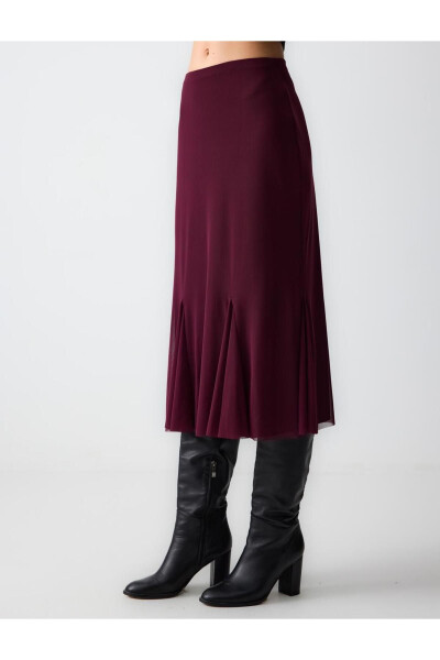 Bordo Keng Kesilgan Oddiy Bel Mesh Triko Midi Yubka - 5