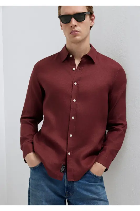 Bordo Keten Gömlek Slim Fit / Dar Kesim 0211466-70396 - Bordo - 3