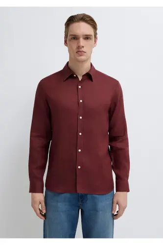 Bordo Keten Gömlek Slim Fit / Dar Kesim 0211466-70396 - Bordo - 4
