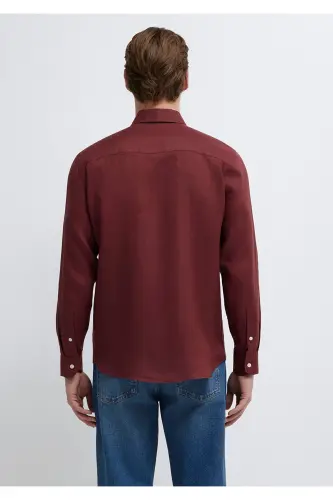 Bordo Keten Gömlek Slim Fit / Dar Kesim 0211466-70396 - Bordo - 6