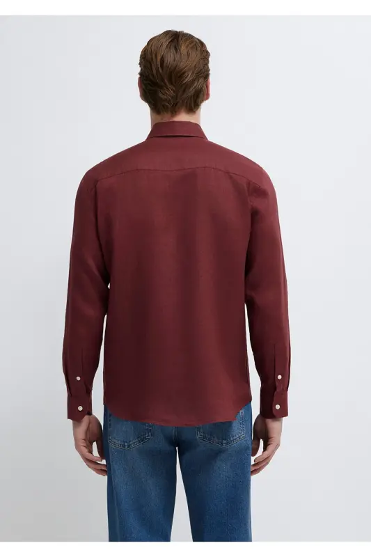 Bordo Keten Gömlek Slim Fit / Dar Kesim 0211466-70396 - Bordo - 6