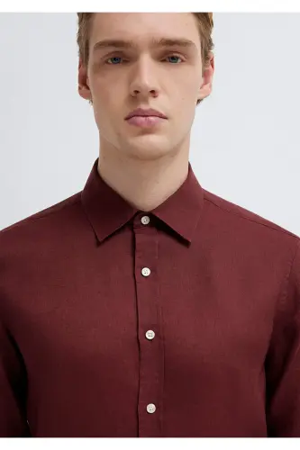 Bordo Keten Gömlek Slim Fit / Dar Kesim 0211466-70396 - Bordo - 7